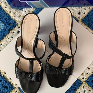 Tahari Black Leather Strappy Slide Sandals